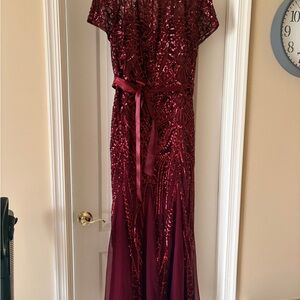 R&M Richards Burgundy Sequin Evening Gown